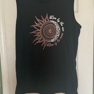 Black Sleeveless Top with Sun and Moon Design